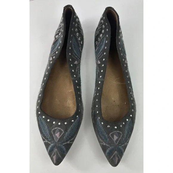 Frye Embroidered Studded Pointed Toe Slip On Ballet Flats Gray Suede 9M Size 9 - Picture 10 of 10
